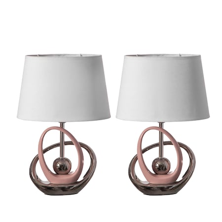 Quickway Imports 16-in. Ceramic Table Lamp, w/Silver and Pink Circular Stand and White Cotton Lampshade, 2PK QI004587.2